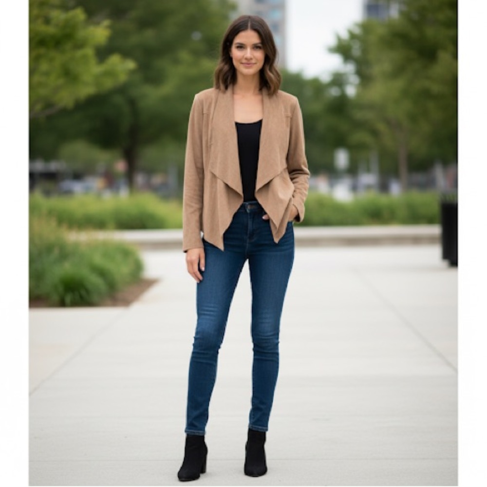Liverpool  Women's Tan Brown Blazer Drapey Jacket Size Large 12-14 Faux Suede - Picture 2 of 12